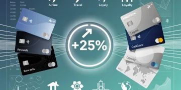 Credit cards and loyalty program logos converging to a 25% value increase icon, symbolizing enhanced reward point transfers.