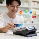 Customer making a purchase with a rewards credit card, accumulating points for future benefits.