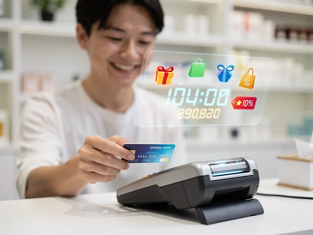Customer making a purchase with a rewards credit card, accumulating points for future benefits.