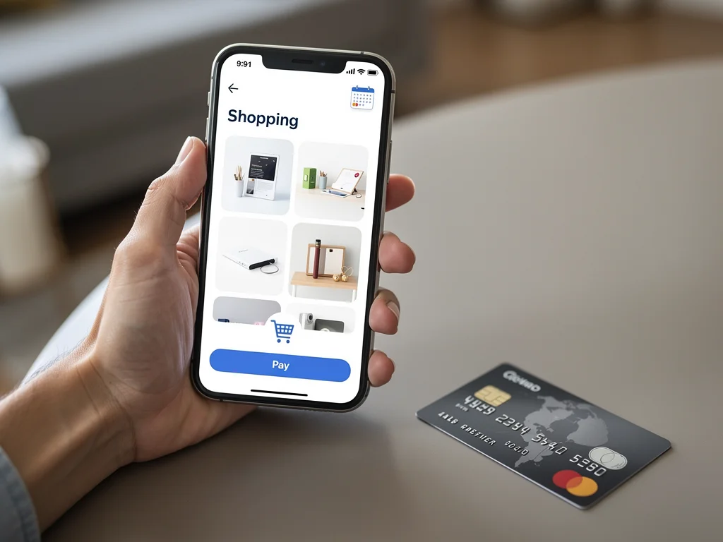 Smartphone displaying shopping portal app with credit card for rewards