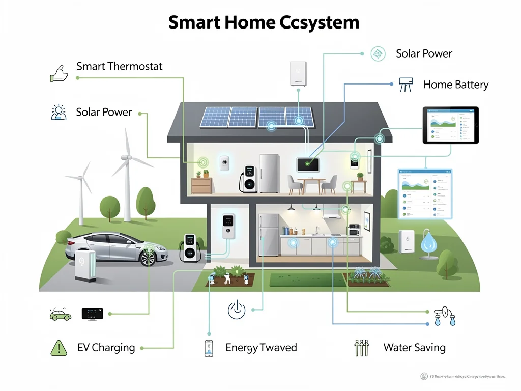 Infographic of smart home devices and sustainable energy solutions in a modern house.