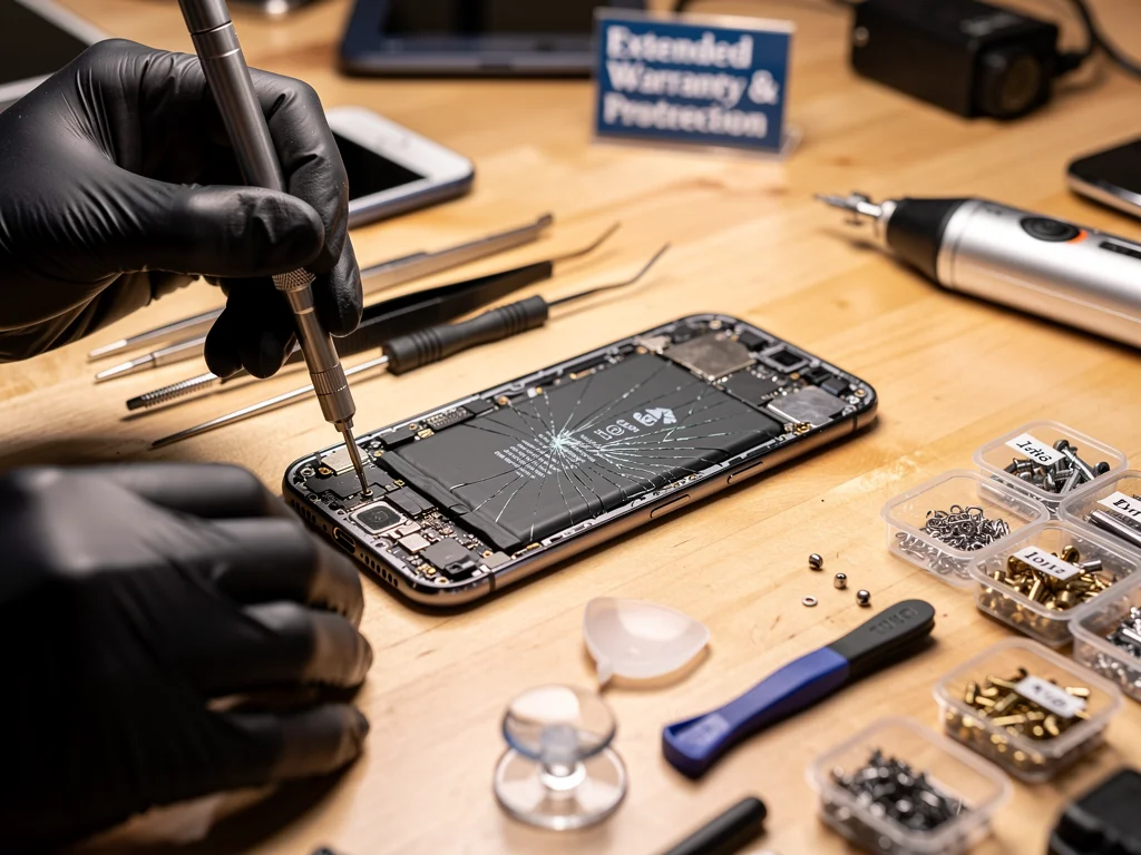 Broken smartphone being repaired, illustrating credit card purchase protection.