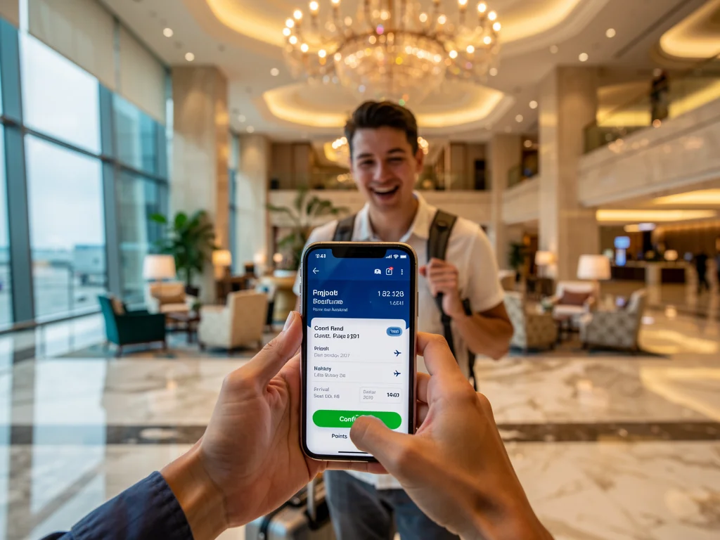 Person viewing travel booking on phone, luxurious hotel background, representing maximized points redemption.