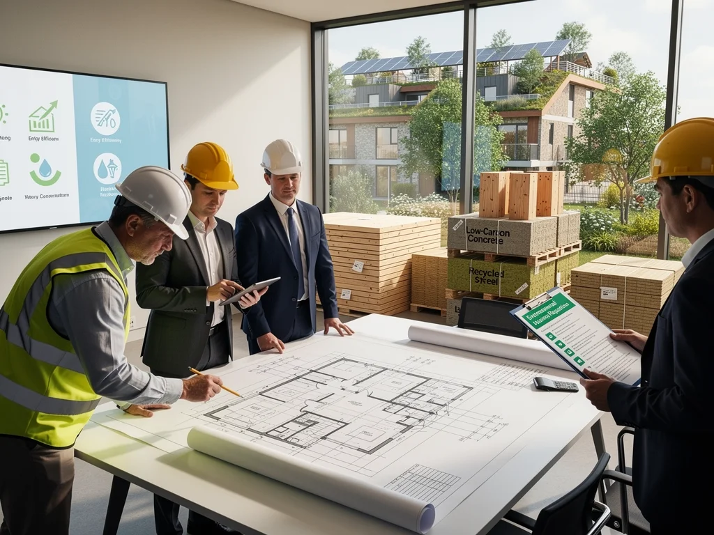 Construction workers reviewing blueprints with sustainable building materials, representing new environmental housing regulations.