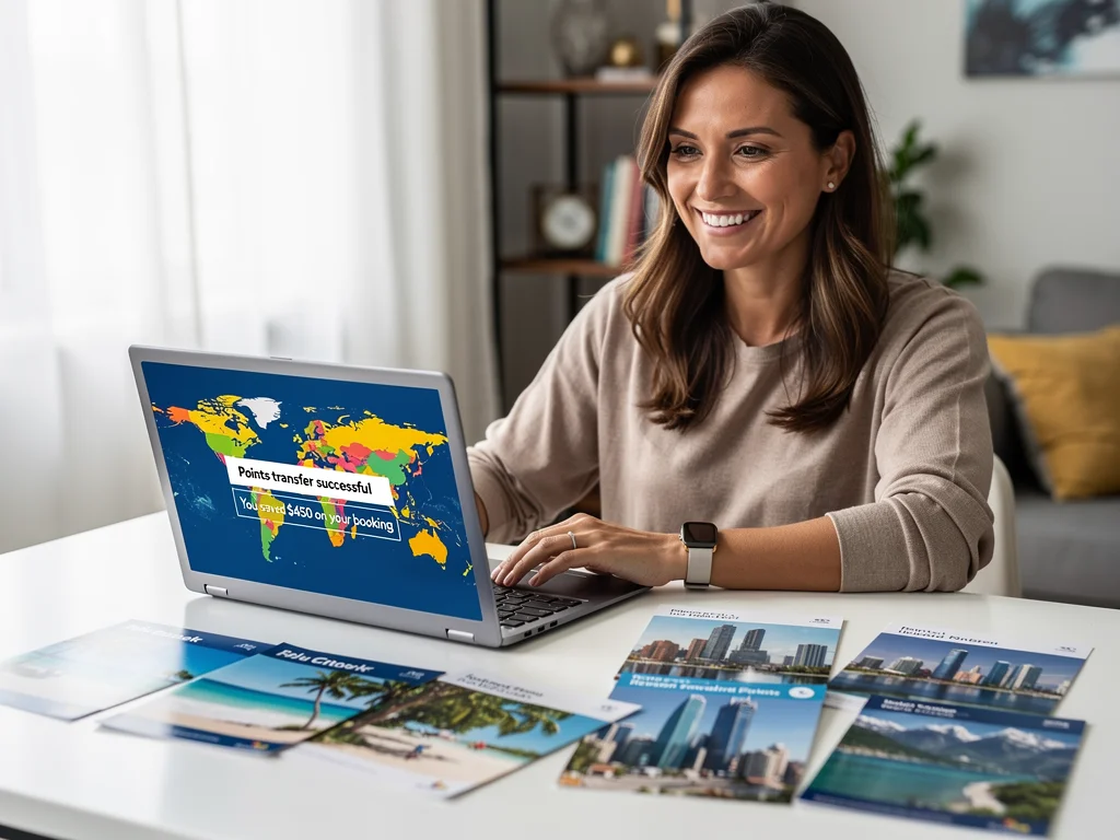 Happy traveler using a laptop to book a trip after successfully transferring reward points for higher value.