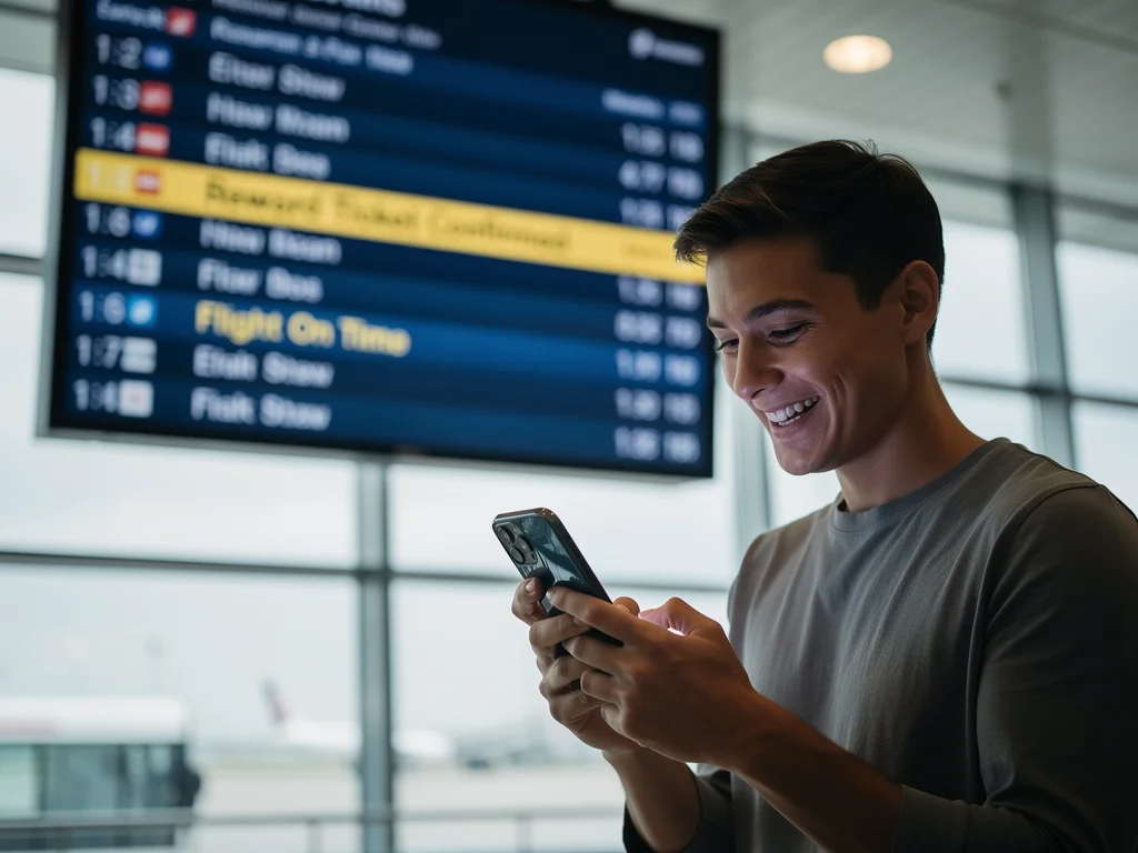 Person checking phone at airport, redeeming travel rewards