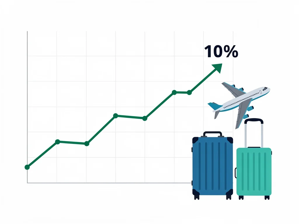 Financial chart depicting a 10% increase in savings with travel icons, symbolizing enhanced travel budget and rewards.