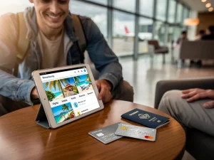 Traveler planning trip with digital tablet, credit card, and passport, highlighting 2026 rewards program changes.