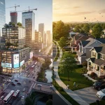 Urban skyline versus suburban homes, depicting the 2026 real estate market trends.