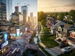 Urban skyline versus suburban homes, depicting the 2026 real estate market trends.