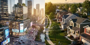 Urban skyline versus suburban homes, depicting the 2026 real estate market trends.
