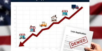 Graph showing an 8% decline in US small business loan approvals during Q1 2026, with an entrepreneur looking concerned.