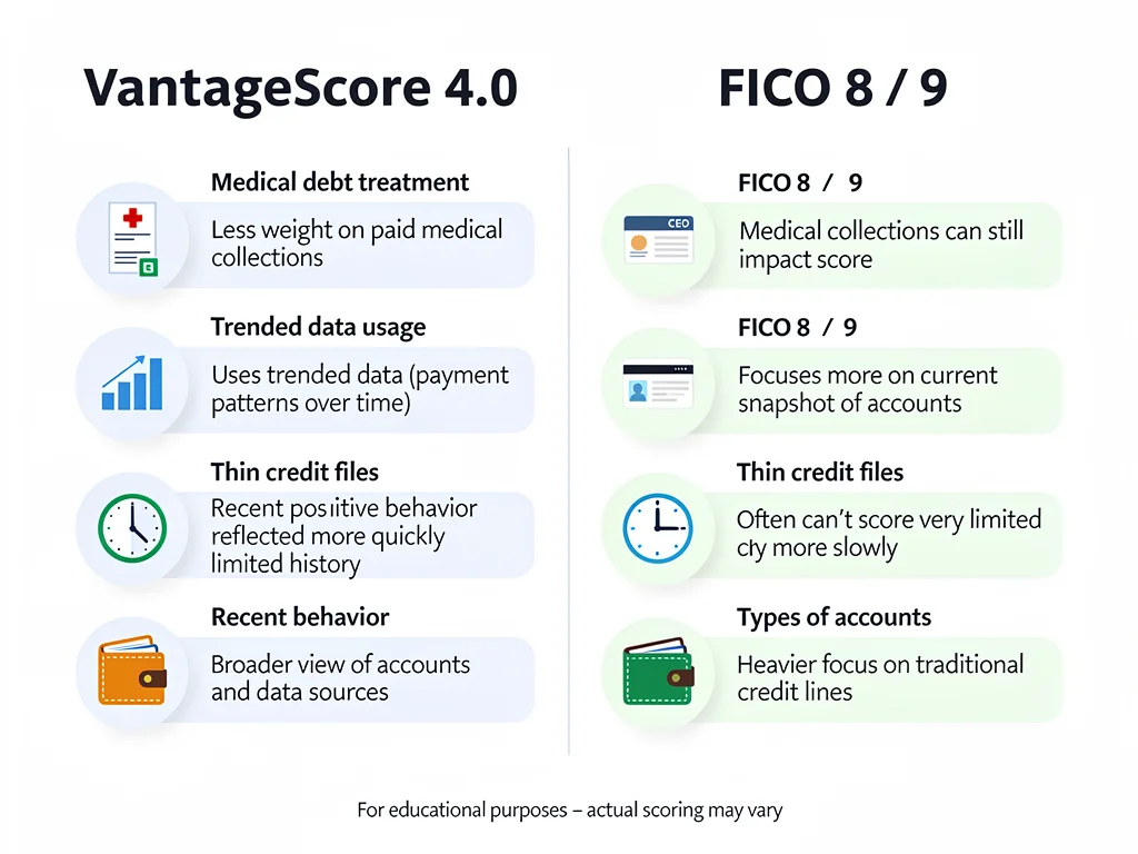 Comparative chart showing differences between VantageScore 4.0 and traditional FICO models, detailing data usage and impact on credit profiles.