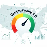 VantageScore 4.0 credit score dial with data points and US map background, illustrating its growing presence in the American financial landscape.