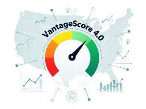 VantageScore 4.0 credit score dial with data points and US map background, illustrating its growing presence in the American financial landscape.