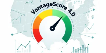 VantageScore 4.0 credit score dial with data points and US map background, illustrating its growing presence in the American financial landscape.