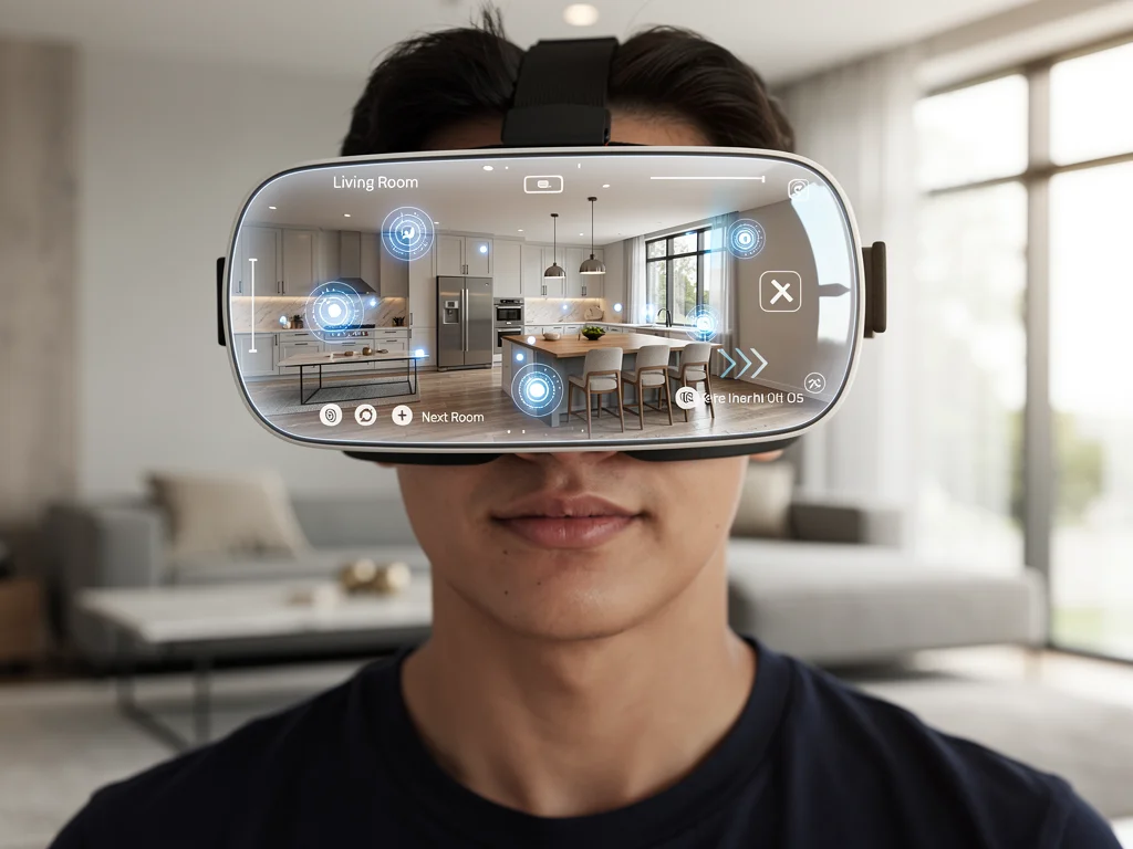 Person experiencing a virtual reality home tour with a VR headset